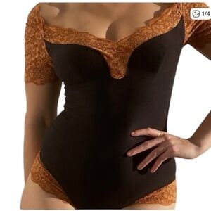 Free People x HAH Lace-Trim Bodysuit Black Copper Top Heavy NWT Size Small ✨🖤